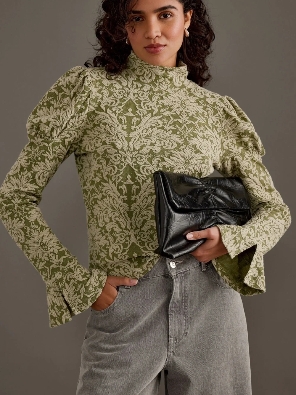 Anthropologie Puff Sleeve Turtleneck Jacquard Top Sz S